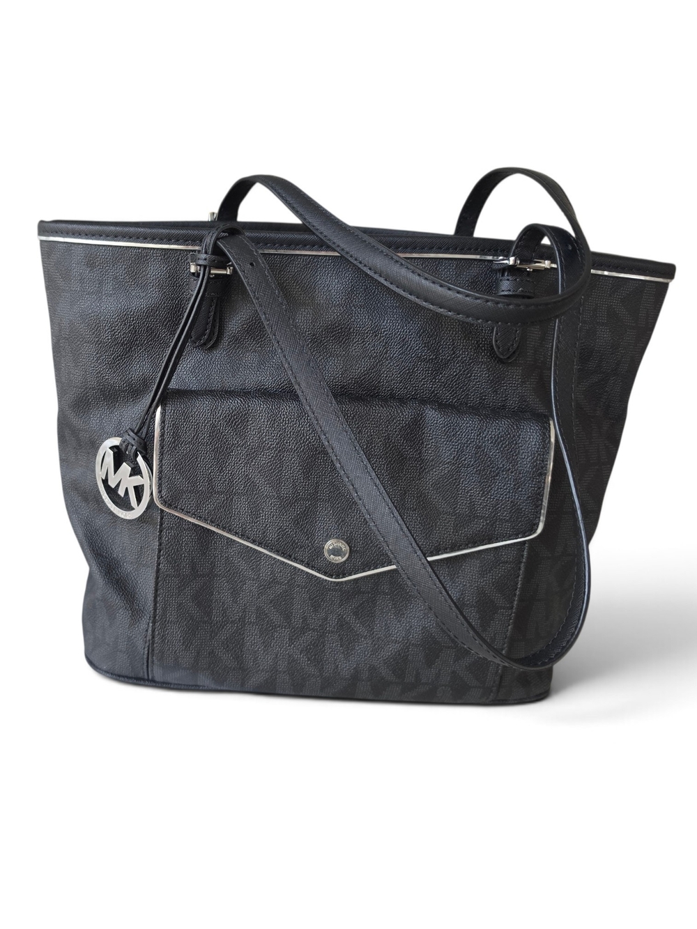 Michael Kors Black MK Logo Tote with Front Pocket and Silver Charm